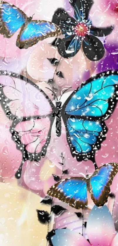 Colorful butterfly wallpaper with raindrop effects.