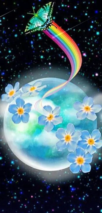 Cosmic wallpaper with a butterfly and rainbow trail on a floral planet.