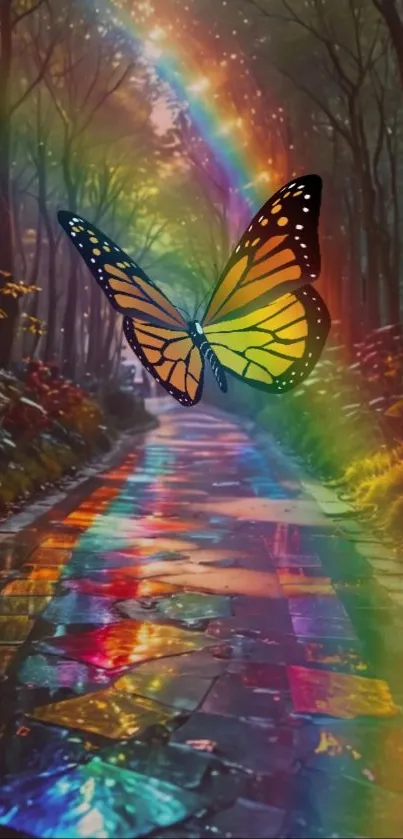 A butterfly flying over a rainbow-lit forest path.