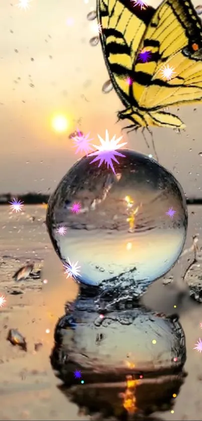 Butterfly hovering above reflective sphere at sunset.