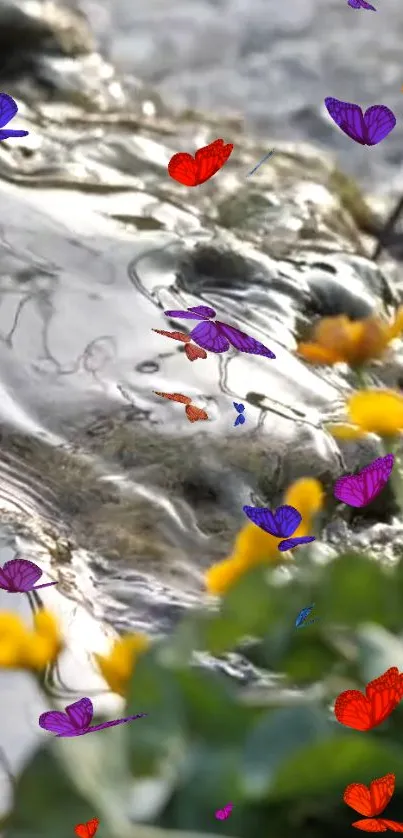 Colorful butterflies over a reflective river with vivid green foliage.