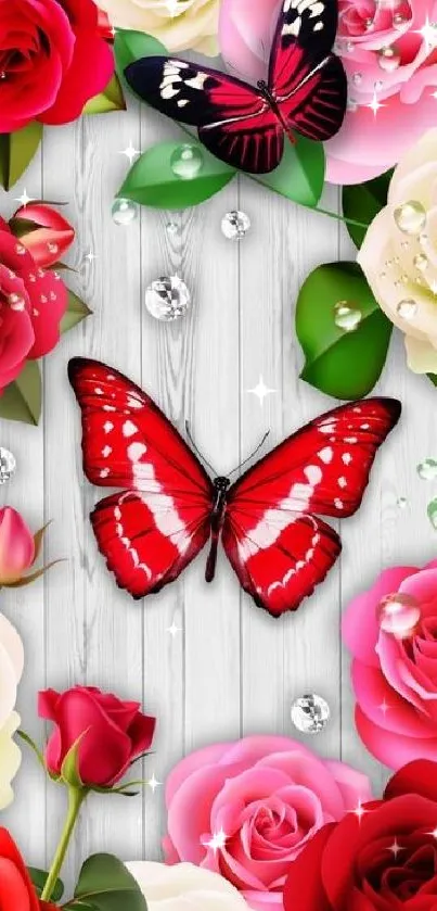 Red butterflies and colorful roses on wood.