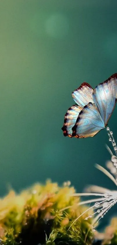 Butterfly perched on a dandelion with a serene turquoise background.