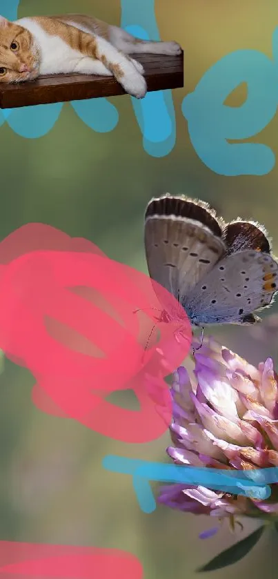 Butterfly resting on a flower with doodles and nature background.