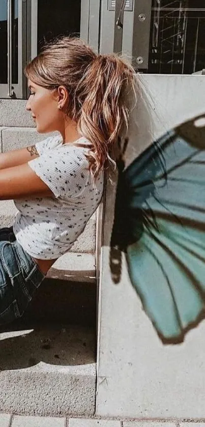 Woman with butterfly wing shadow in urban setting.