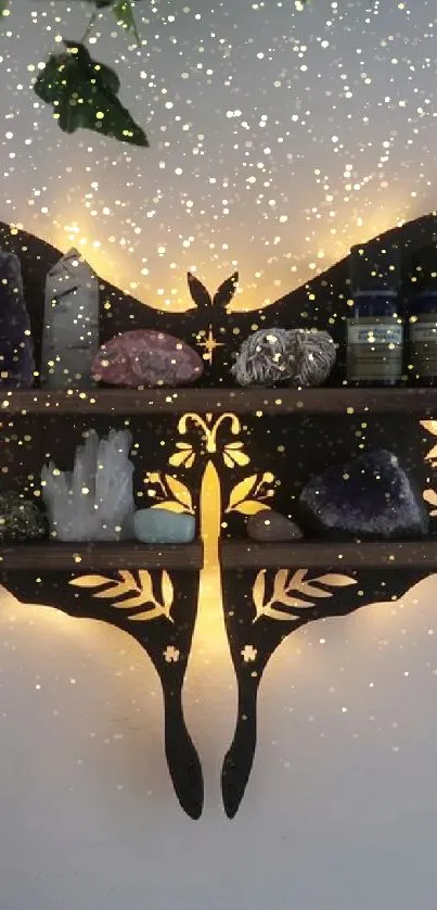 Butterfly-shaped shelf with crystals and ambient lighting.