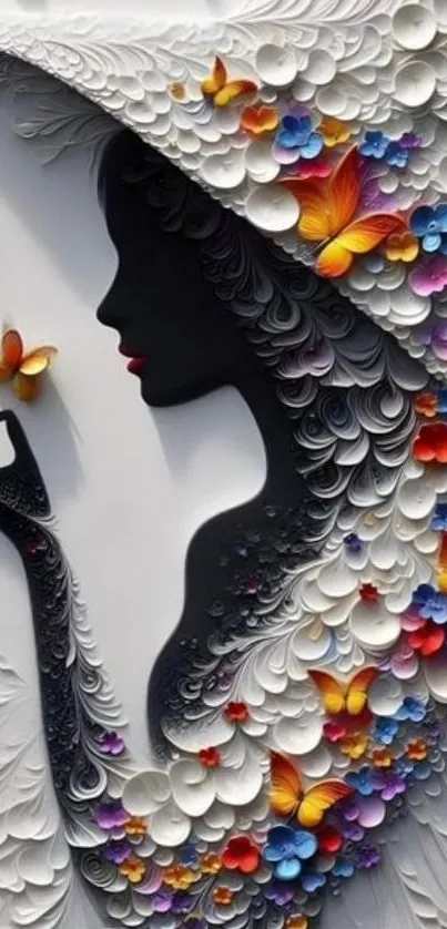 Silhouette of woman with butterflies on mobile wallpaper.