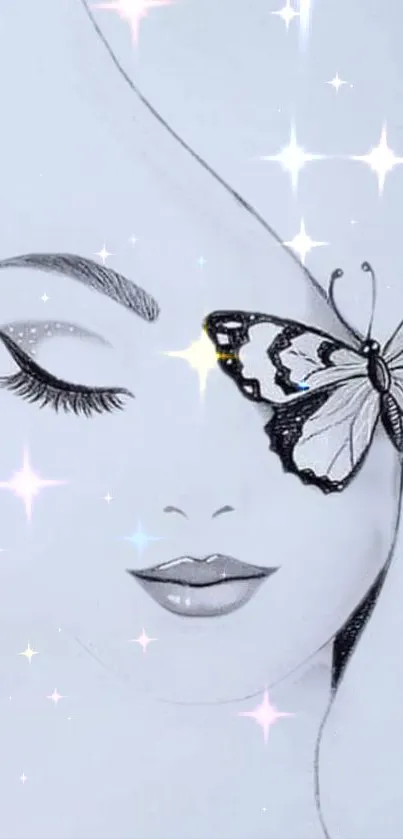 Butterfly sketch on serene face with starry sparkles wallpaper.