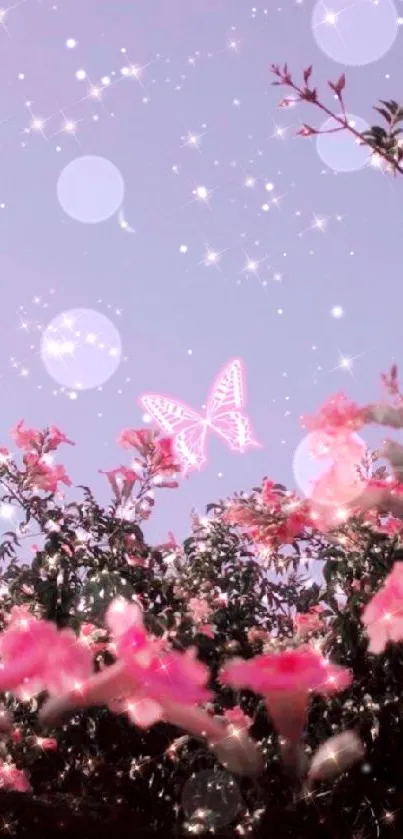 Dreamy pink sky with butterflies and flowers