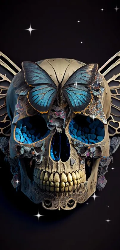 Butterfly-adorned skull with dark backdrop.