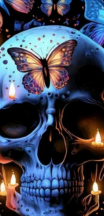 Fantasy skull with butterflies and candles wallpaper.