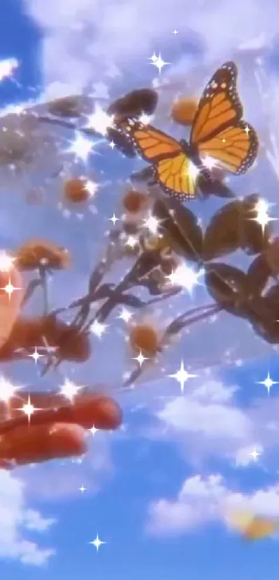 Aesthetic wallpaper of butterfly, flowers, and blue sky with sparkles.