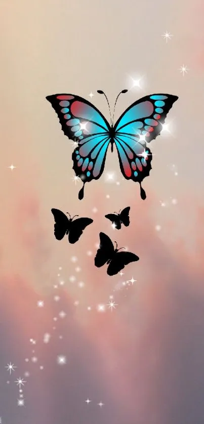 Elegant butterfly on dreamy peach sky with sparkles.