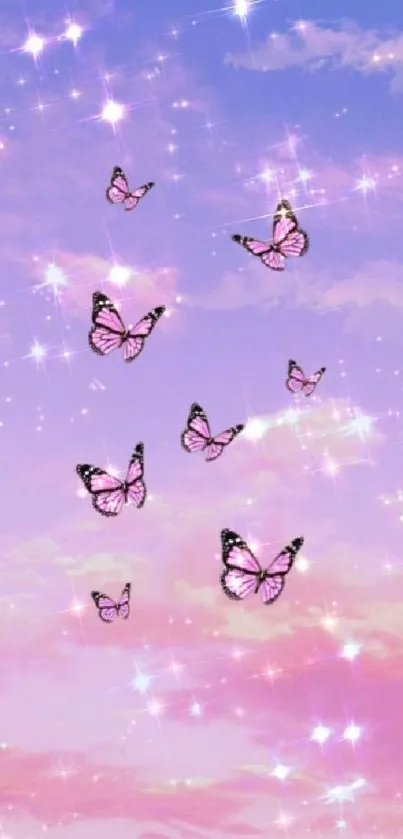 Butterfly wallpaper with purple sky and sparkling stars.