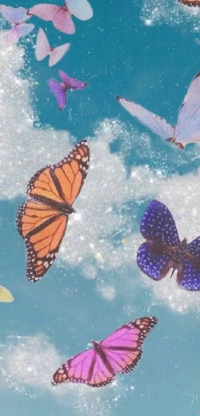 Colorful butterflies flutter in a dreamy, teal sky with scattered clouds.