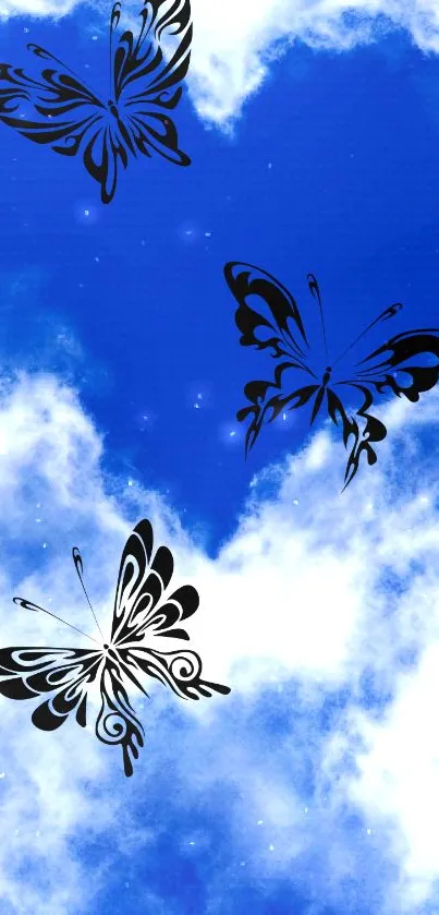 Mobile wallpaper with black butterflies on a vivid blue sky background.