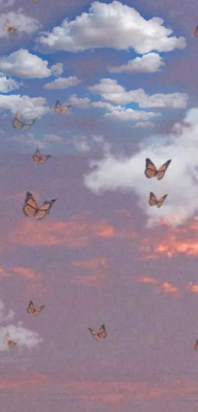 Dreamy mobile wallpaper with butterflies and clouds in a pastel sky.