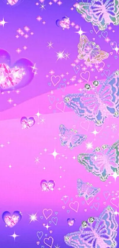 Purple wallpaper with butterflies and hearts.