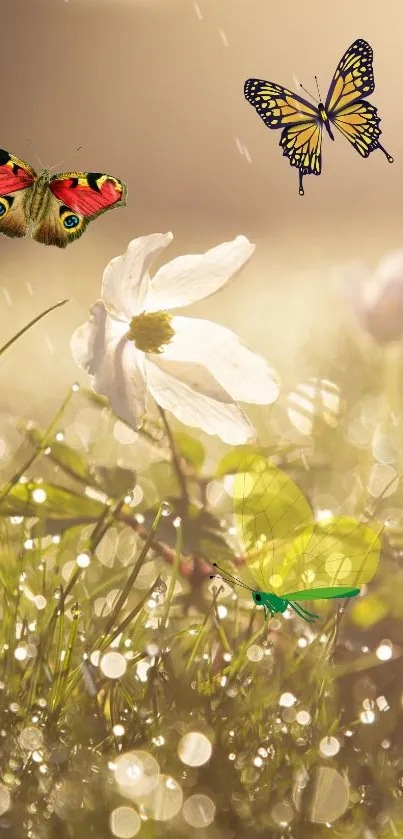 Butterflies fluttering in a golden field with spring blossoms and sunlight.