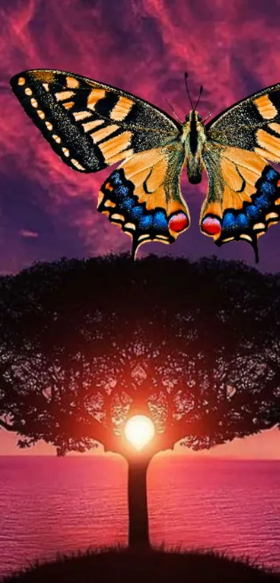 Butterfly over tree with ocean sunrise backdrop.