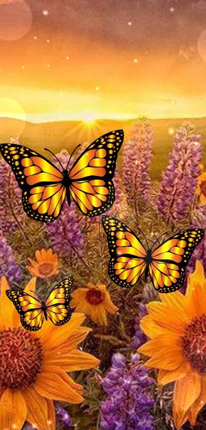 Butterflies dance over flowers in a stunning sunset scene.