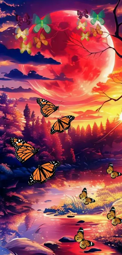 Vibrant wallpaper with butterflies at sunset.