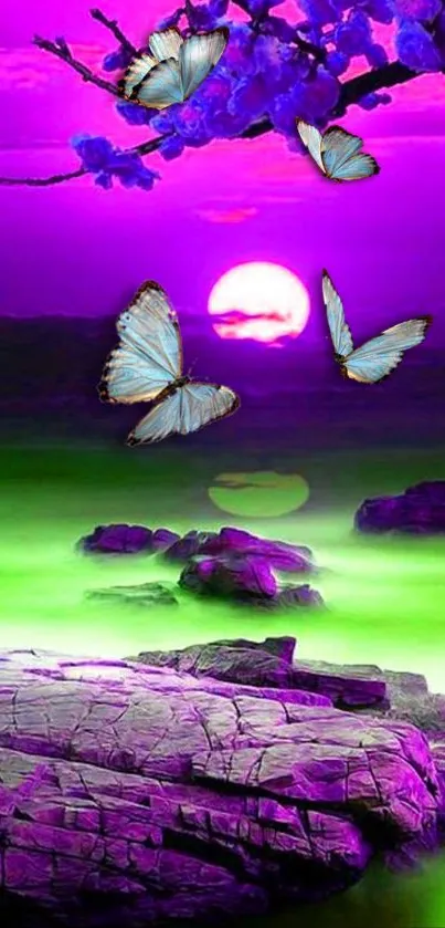 Butterflies at sunset in a fantasy landscape with purple sky and rocks.