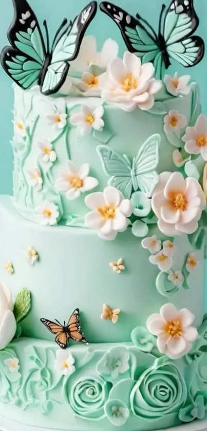 Mint green cake with butterflies and flowers.