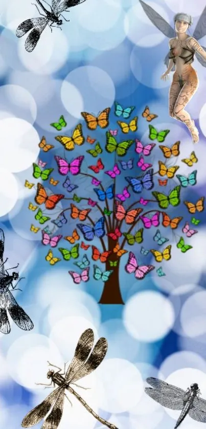 Colorful butterfly tree with fairies and dragonflies on a bokeh background.