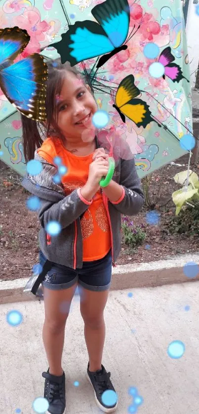 Girl with butterfly umbrella in vibrant phone wallpaper.