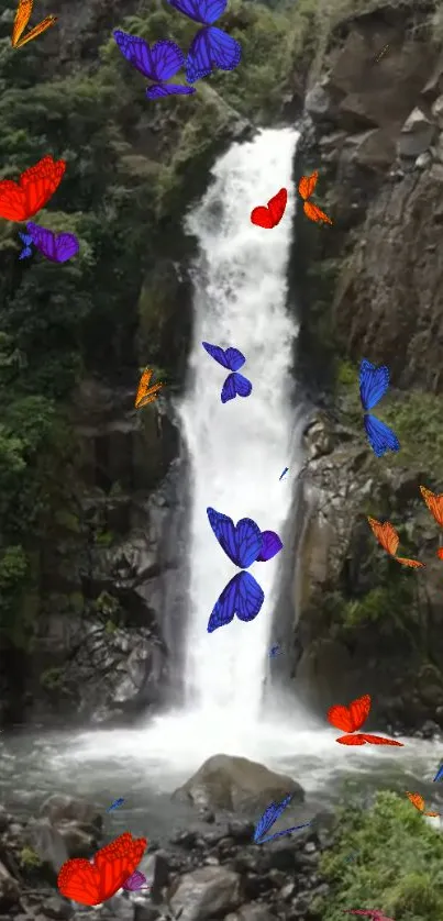 Colorful butterflies flutter by a majestic waterfall.