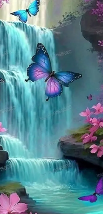 Vibrant waterfall with purple butterflies and pink flowers in a fantasy setting.