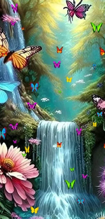 Vibrant fantasy wallpaper with butterflies and waterfall in a lush forest setting.
