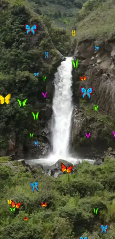 Waterfall with colorful butterflies in lush green scenery wallpaper.