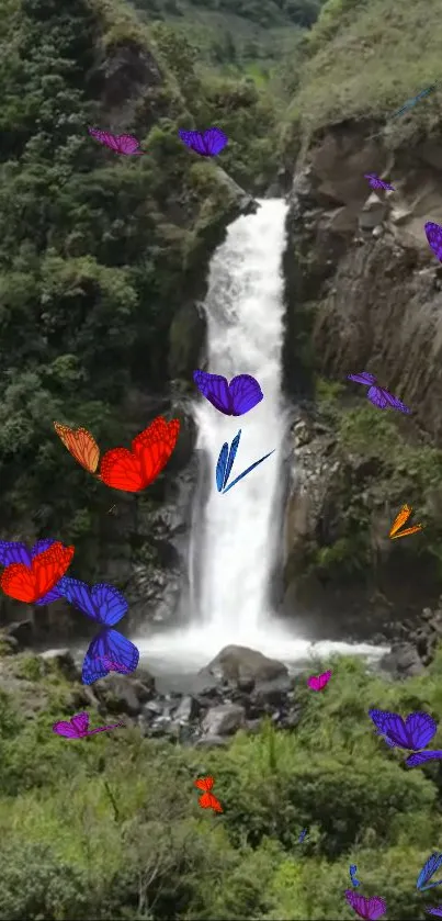 Butterflies flutter around a waterfall in lush greenery.