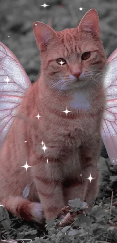 Orange tabby cat with butterfly wings in a fantasy setting.