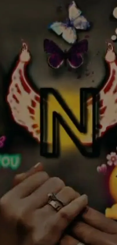 Letter N with butterfly wings and emojis on a colorful background.