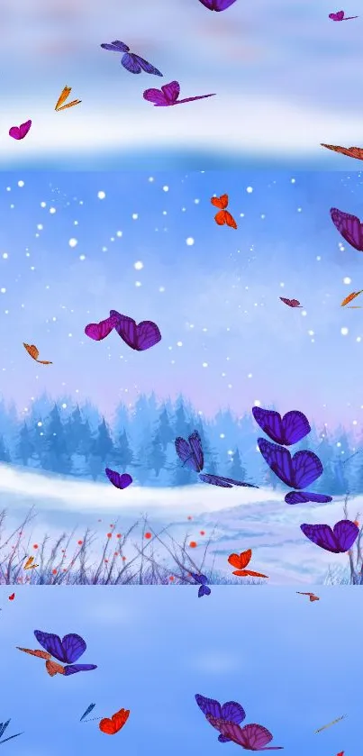 Winter landscape with colorful butterflies in snow.