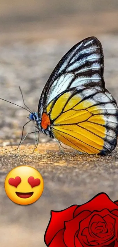 Vibrant butterfly and red rose with emoji on textured background.