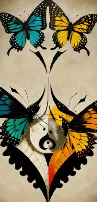 Yin yang artwork with colorful butterflies.