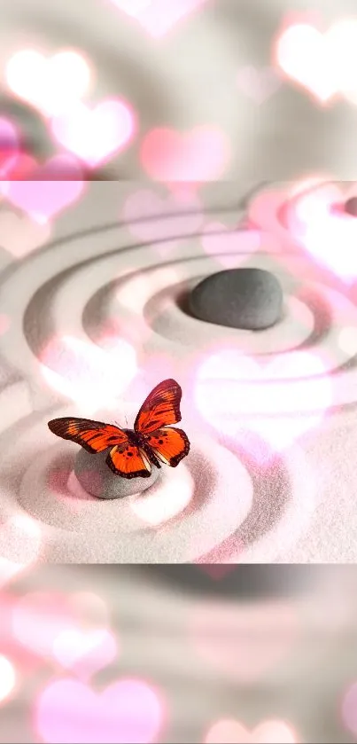 Orange butterfly on Zen sand with pink heart bokeh.