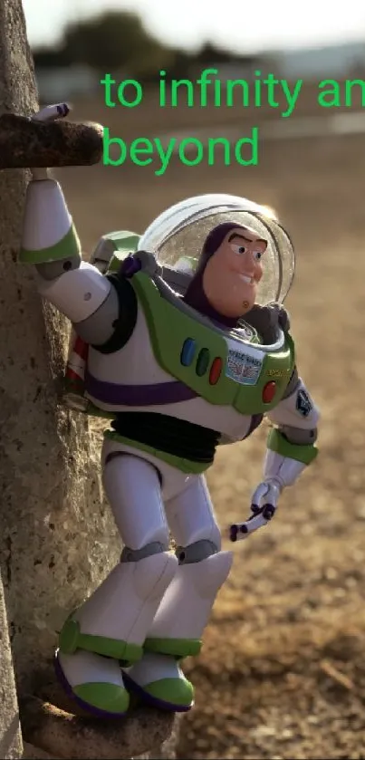 Buzz Lightyear on wall with 'To Infinity and Beyond' text.