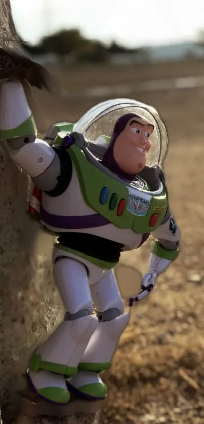 Buzz Lightyear climbs in an urban outdoor setting, showcasing adventure.