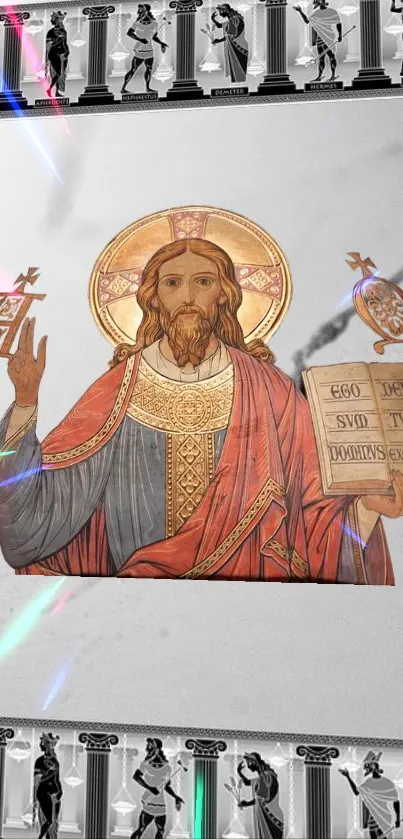 Byzantine icon wallpaper with gold and red accents.