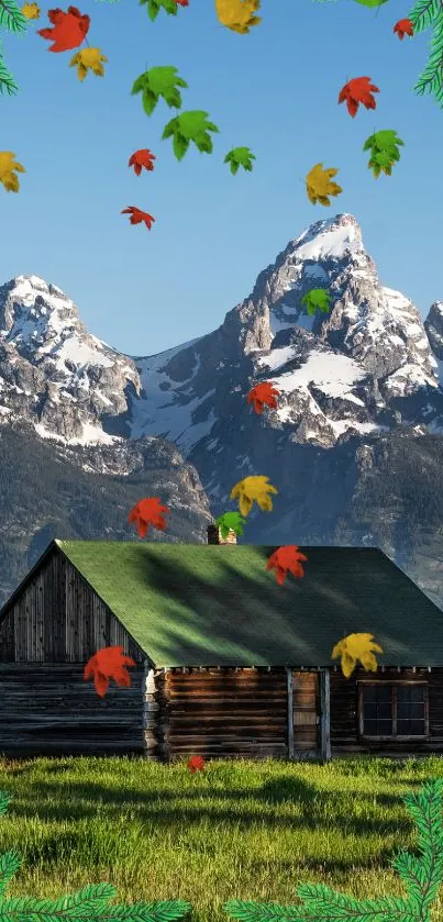 Cabin with green roof against snowy mountains and colorful leaves.