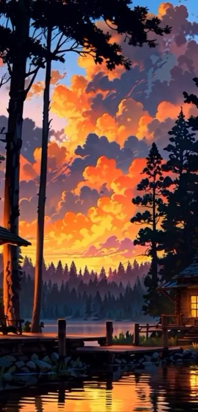 Sunset over a lake with a wooden cabin and trees.