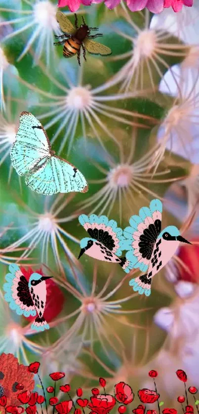 Colorful wallpaper with cactus, birds, and butterflies, perfect for nature lovers.