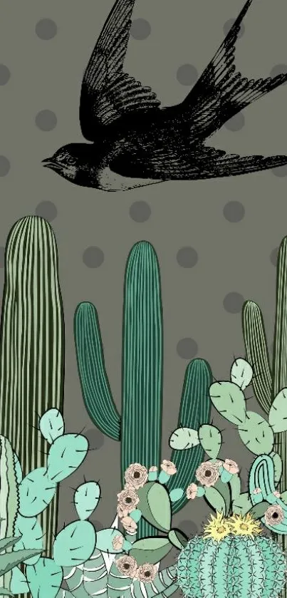 Artistic wallpaper with a swallow flying over a variety of cacti on a gray background.