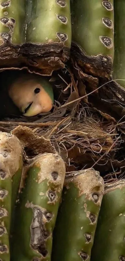 Bird nestled in a cactus with a lush green background.