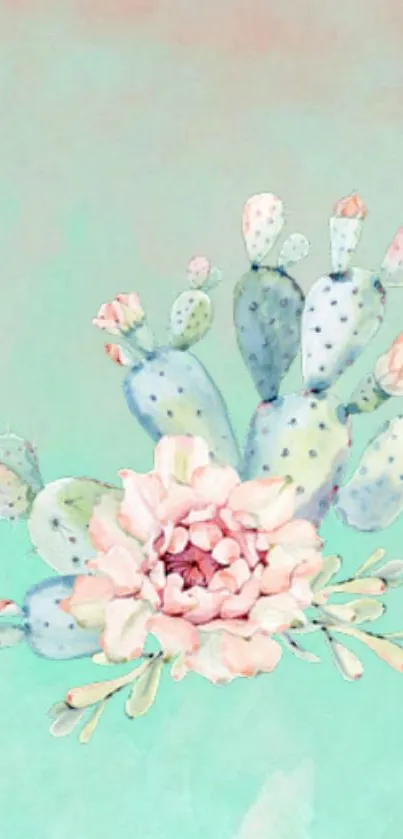 Aesthetic mobile wallpaper with watercolor cactus and pink blossom.